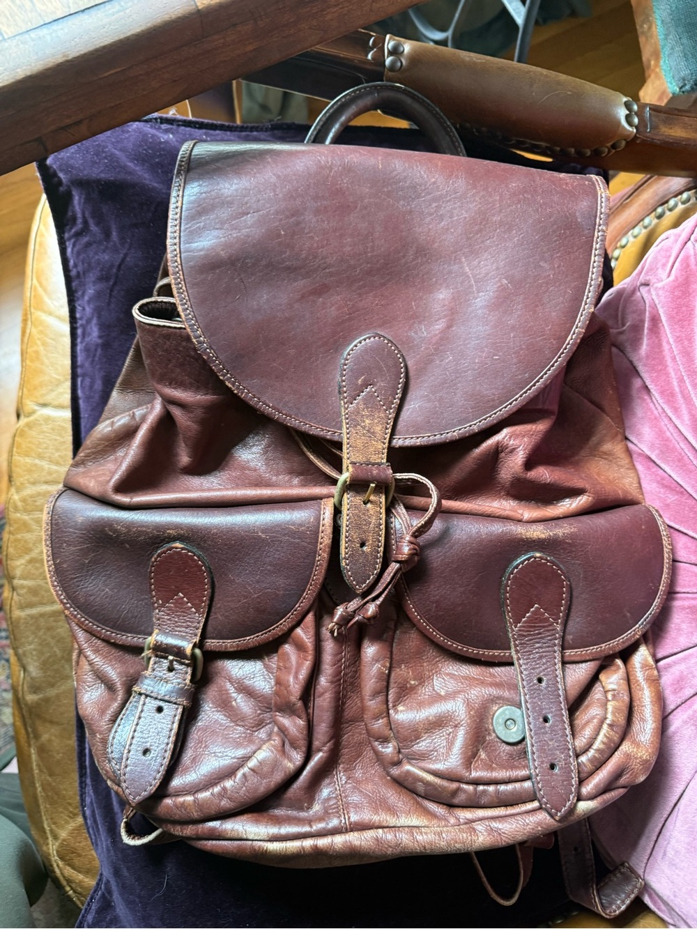 Vintage Brown Leather Backpack with Double Front Pockets